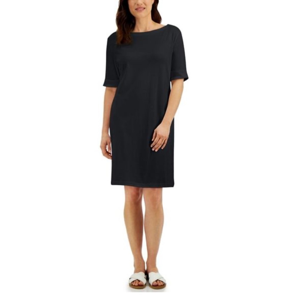 KAREN SCOTT Black 100% Cotton 3/4 Sleeve Slim Fit Work Business Casual Dress S-M
